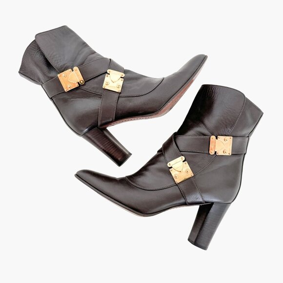 Louis Vuitton Buckle Ankle Boot EU 37 US 7 Brown Leather High Heel S Lock Buckle - Picture 7 of 15